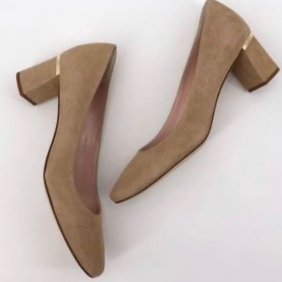 Kate Spade Dolores Too Suede Stacked Gold Heels - Picture 1 of 1